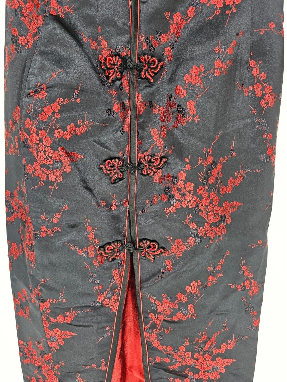 Vintage Y2K black and red floral cheongsam Pencil Skirt Maxi Length Satin Sz S - Picture 2 of 3